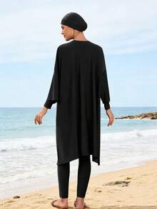 女士休闲全包臀布基尼泳衣，圆领设计，带拉链和高腰下装，弹力面料 - 黑色 - 查看 4