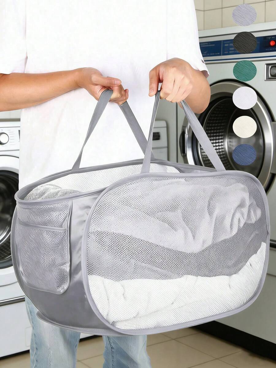 1 pieza Cesta de lavandería plegable de malla de nailon, cesta de almacenamiento de gran capacidad para lavado, cesta de almacenamiento para el baño, disponible en varios colores - Multicolor - Ver 1