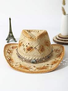 1Pc Unisex Colored Stones Decor Dyeing Printed Cowgirl Hat Summer Travel Shade Breathable With Beaded Trim Band Hand Woven Hollow Out Wide Brim Handmade Boho Cowboy Hat Beach Hat Sun Hat Straw Hat - Màu be - Xem 1