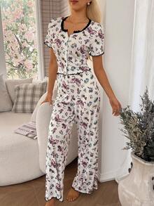 Women's Pajamas Stitch Print Lace Trim Rolled Button Short-Sleeve And Long-Pants Set - Multicolor - View 3