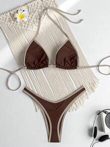 RWX VEST Triangle Bikini With Contrasting Trim And Adjustable Tie 2025 XX574 - Rust Brown - View 4