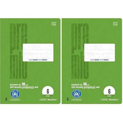 premio Schulheft - 10 Hefte je 16 Blatt, DIN A5, Lineatur 5 (5mm krt), 90 g/m² Recyclingpapier, runde Ecken verhindern "Eselsohren"-363