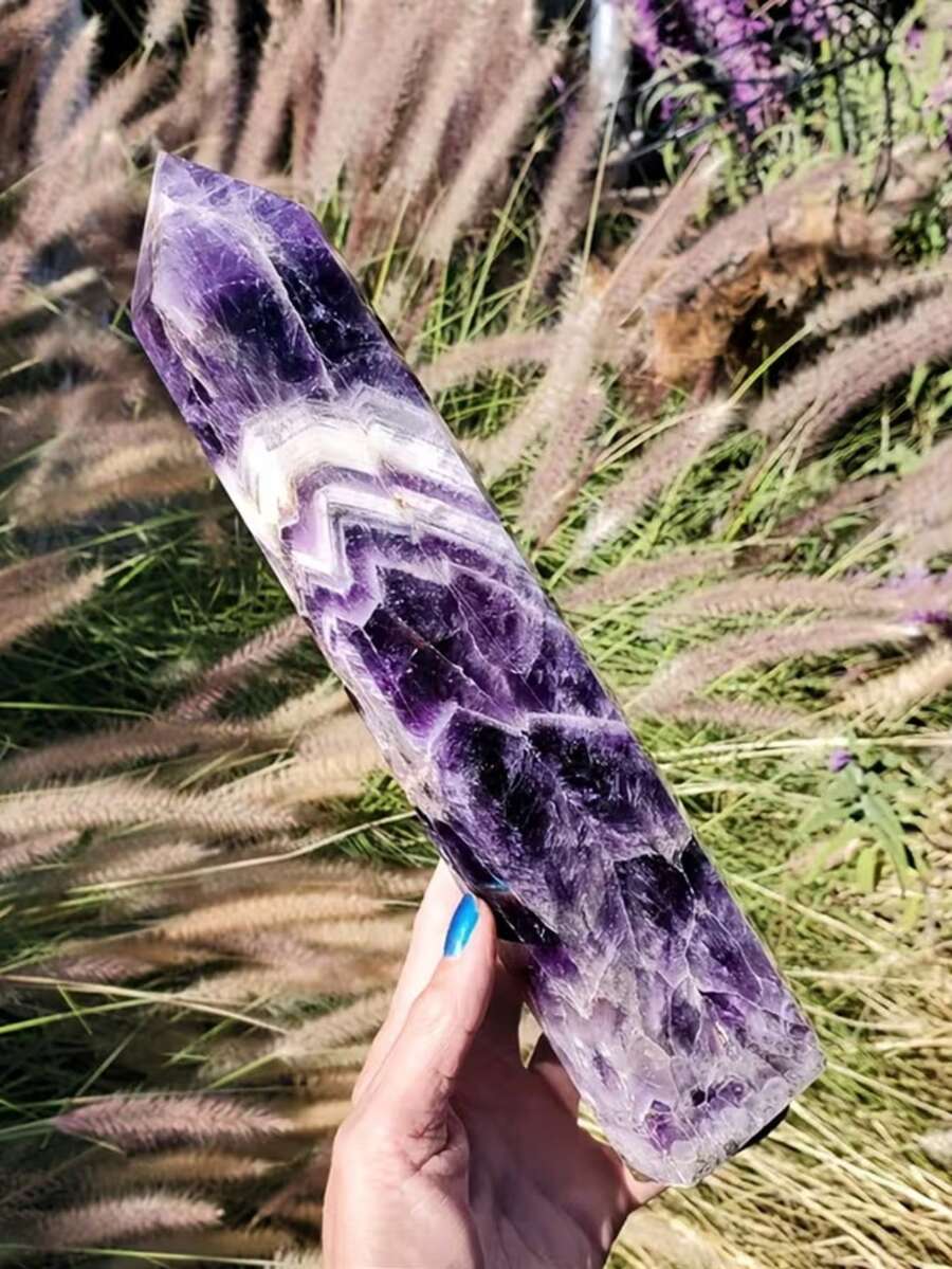 1pc Natural Amethyst Quartz Crystal Point - Bulk Gemstone Colorful Striped Pattern, Hexagonal Wand Shape, Quartz Crystal, Size 2.76 - 4 Inches, Crystal & Stone - Dreamy Amethyst Tower Point - View 1