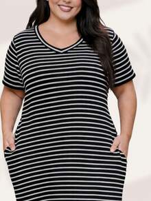 Comfortable Basic Black Striped Midi Summer Dress, Loose And Casual Style, Ideal For Airport, Old Money Style, Teacher's Clothes, Church Dresses For Women, Plus Size Curvy Dress - 有條紋的 - 查看 4