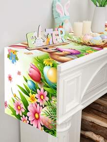 1pc 35*180cm Polyester Easter Farm Style Table Runner, Featuring Vivid Rabbit, Eggs And Basket Patterns, Suitable For 2025 Easter Home Decor, Kitchen Dining Table Decoration, Spring Holiday - Multicolor - View 6