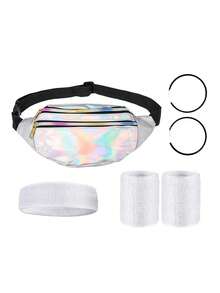 4件套 D EXCEED 80年代霓虹吸汗带套装，玫瑰红运动头带腕带腰包健身套装，适合运动瑜伽派对，80年代女士霓虹配饰，圣帕特里克节 - 彩色 - 查看 8