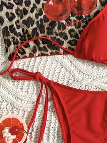 3pcs Red Leopard Print Bikini Set With Tie Front Cover Up, Swimsuit For Women Vacation - Multicolor - View 3