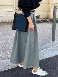 2026 Spring/Summer Fashionable Item: Women's Versatile Elegant Solid Color Maxi Skirt, Suitable For Daily Wear, Casual Commute, Street Style, Business/Office Attire - Light Wash - View 2