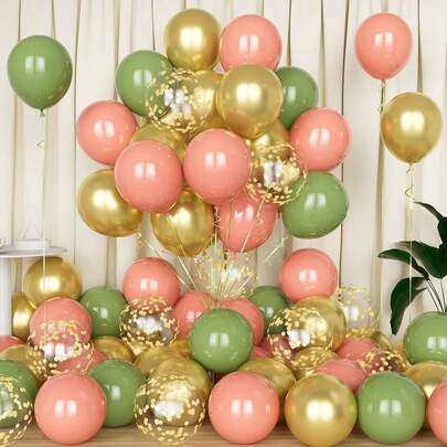 Sage Green Pink Balloon, 50PCS 10 Inch Retro Pink Green Gold Balloons With Gold Confetti Balloons For Theme Birthday Party Baby Shower Wedding Anniversary Party Decoration