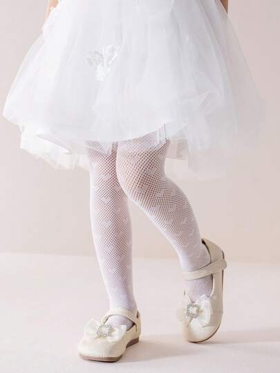 1/2pcs Girls/Kids White Thin Pantyhose, Cute Casual Fine Soft Breathable Versatile Leggings, Personalized Fashion Heart Hollow Mesh Stockings, Suitable For Back To School, Home Leisure, Festivals, Birthday Parties, Spring/Summer