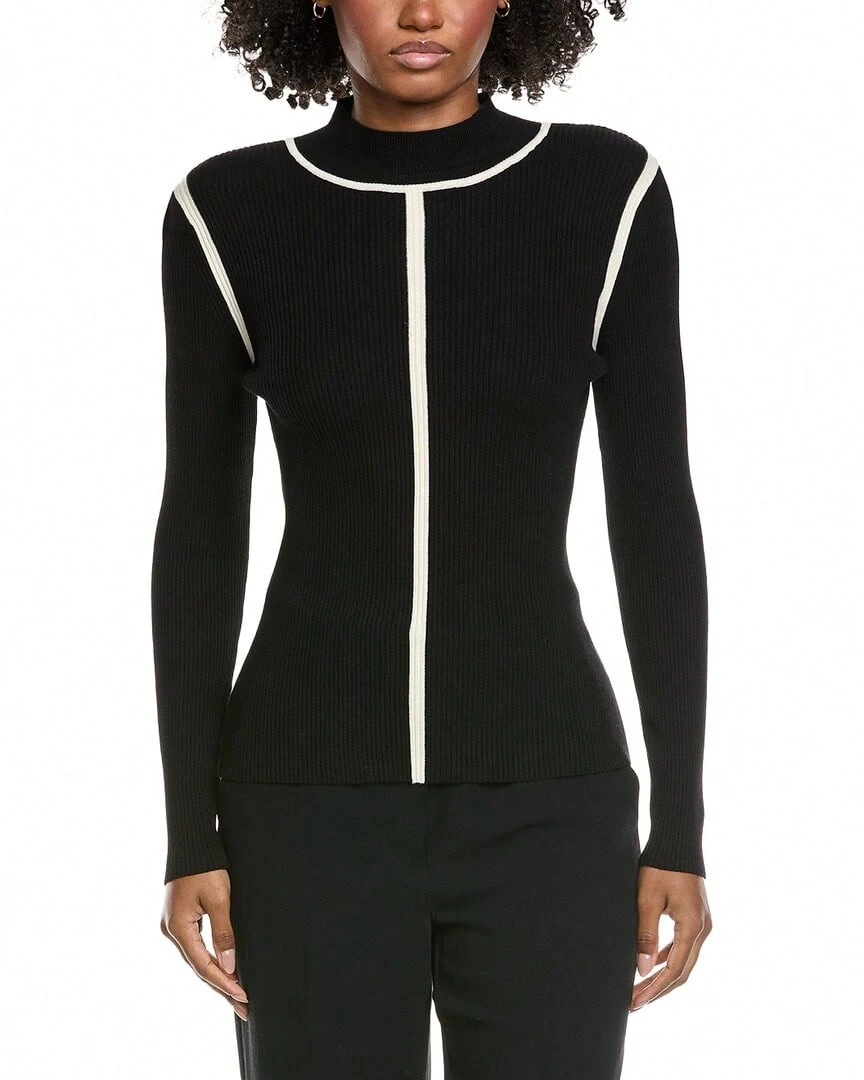 Elie Tahari Mock Neck Novelty Contrast Sweater - Black - View 1