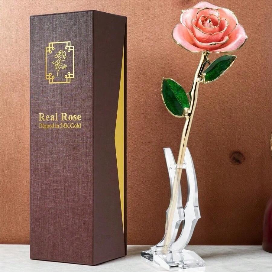 Luxurious 24K Gold-Plated Brass Artificial Rose - Pink Floral Gift For Special Occasions - 1PC(1PC) - View 1