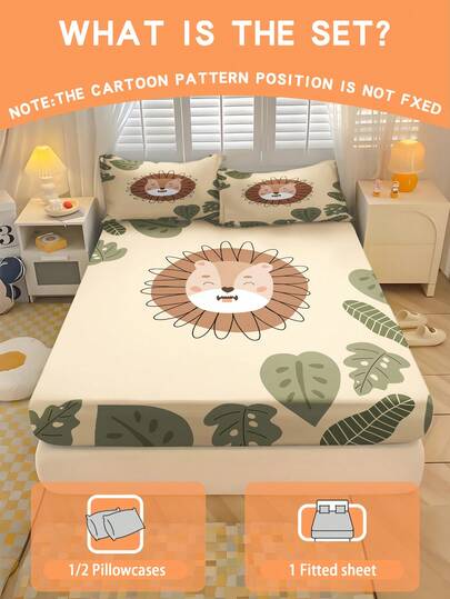 1/2/3 piezas Sábana bajera con estampado de león del Reino Animado para productos de ropa de cama infantil, protector de colchón totalmente cubierto, de tela suave y transpirable, antideslizante, apta para lavadora, ajuste para cama individual, cama individual completa, cama king, cama queen, altura de 71 * 132 CM es 25 CM
