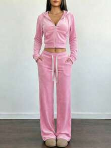 Valentine's Day, Loungewear Outfit, Gifts For Her Women's Cozy Pink Velour Two-Piece Tracksuit Set With Cropped Zip-Up Hoodie And Wide-Leg Pants For Casual Wear - Hồng - Xem 2
