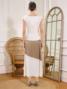 女士优雅时尚缎面翻领衬衫A字裙套装，衬衫领，适合日常、通勤和约会穿着 - 杏色 - 查看 2