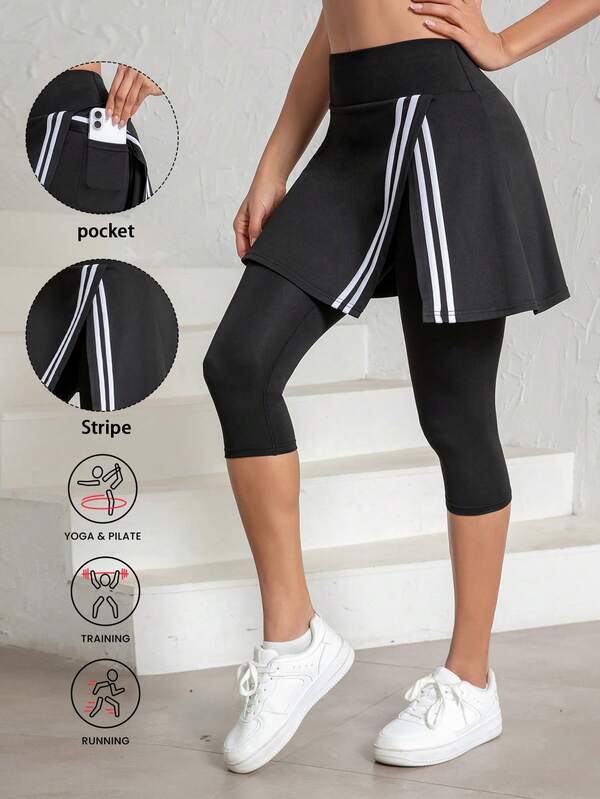 Women's Fashion Side Stripe Split Skirt Pants, Suitable For All Seasons, Women's Tennis Skirt Leggings With Pockets, Capri Length Yoga Tight Pants With Skirt Hem, Suitable For Sportswear, Women Yoga Pants For Daily Wear