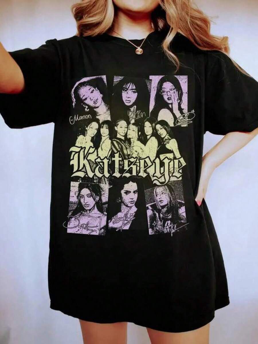 Girls Clothes Retro Katseye Vintage Shirt, Katseye Member Shirt, Katseye Beautiful Chaos World Tour, Katseye Daniela, Lara, Manon, Megan, Sophia, Yoonchae Fun, Breathable Crew Neck Tee With Shamrock And Hat Design, Casual Summer Wear For Kids Suitable For All Seasons And Daily Wear, Summer Outfits, Easy Comfort, Summer Layering For Girls, Graphic Kids Clothing, Stylish Summer - 黑色 - 查看 1