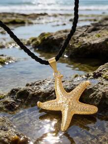 Gold Starfish Woven Black Rope Necklace, Beach Holiday Style - Starfish - View 3