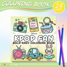 GDTME [Serie de fans de K-Pop] 1 libro para colorear para adultos, tamaño 7.9" X 7.9", con cubierta perlada y páginas gruesas, incluye 1 tarjeta de felicitación aleatoria. Las páginas interiores contienen varios dibujos a línea lindos relacionados con K-Pop, como lightsticks, álbumes y auriculares con lazos, con diseños simples y claros. - Libro para colorear - Ver 13