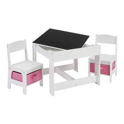 Kids Table And Chairs Set With Pink Storage Boxes