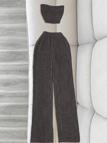 Bộ đồ mùa hè thanh lịch dành cho nữ gồm áo quây và quần skinny co giãn, thích hợp cho tiệc tùng và tập gym. - Màu xám đen - Xem 3