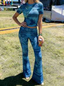 LOVE JOYY 女士 Y2K 蓝色两件套：修身短袖上衣 + 喇叭裤。街头风夏季穿搭，时尚女装套装 - 彩色 - 查看 9