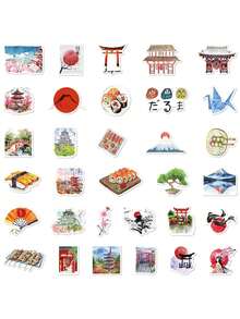 1pack/64PCS, Watercolour Sketches From A Journey Through Japan Stickers, PVC Material, Each Measuring 3 To 7 Centimetres, Creative Aesthetic Design Sticker, Each One Is Different, Applicable, Handwritten Journal, Tablet Computer, Notebook, Phone Case, Notebooks, Kindle, Pencil Case, Laptop, Motorcycle, Skateboarding, Scrapbook, Guitar - 1 Pack/64 PCS - View 2