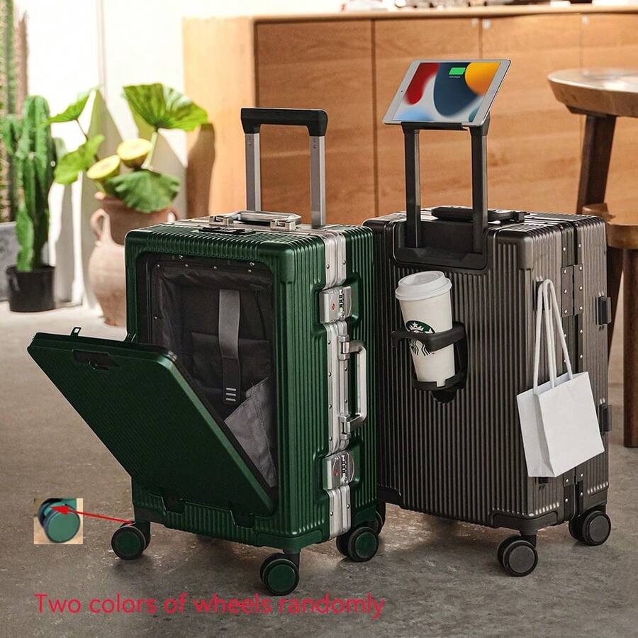 (20/24lnch)Aluminum Frame Carry On Luggage With Cup Holder ,Mobile Phone Stand And Usb Port, Front Compartment, TSA Lock,Airline Approved Carry-On Hardside Suitcase Spinner Wheels