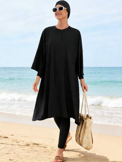 Women's Casual Full Coverage Burkini Swimsuit, Round Neck Design, With Zipper And High Waist Bottom, Stretchy Fabric