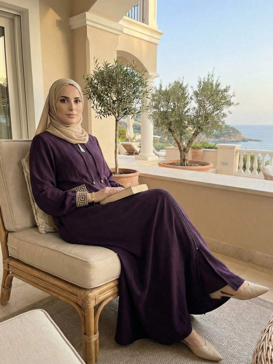 Deep Purple Front Zipper Maxi Long Robe, Geometric Print, Cuff And Waist Details, Loose Long Sleeve Casual Vacation Robe Fall