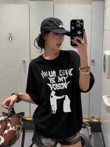 2026 Summer New Women's Casual Round Neck Loose Personalized Punk Print Graphic Streetwear Short Sleeve T-Shirt - Black - View 2