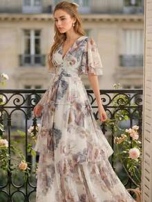 Đầm nữ dáng chữ A cổ chữ V họa tiết hoa, thiết kế nhiều lớp với viền bèo nhún, thích hợp cho kỳ nghỉ hè thanh lịch. - Nhiều màu - Xem 4