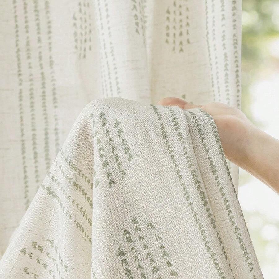 Linen Curtains For Bedroom Living Room Sage Green Farmhouse Boho Curtains 84 Inches Long Geometric Striped Patterned Mudcloth Grommet Top Rustic Window Drapes 2 Panels Green On Beige - 52Wx84LPackof2Green - View 1