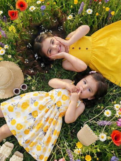 这是一套简约时尚的女童连衣裙，每件都采用吊带设计，散发着清爽的夏日气息。亮黄色为主色调，充满活力。白色底布上点缀着黄色花卉印花，增添了一抹清新自然的韵味，风格统一又不失个性，非常适合春夏穿着。