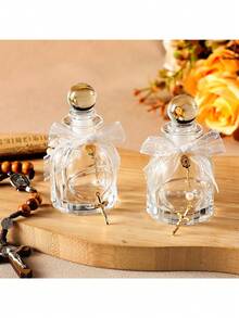 24pcs/Set Catholic Holy Water Bottles Wholesale, Baptism Guest Gifts, Glass Bottles With Gold Cross Bracelet, Lace Bow Tie, Ribbon, For Church Wedding Baptism Gifts (Lace Bow, White) - Multicolor - View 2