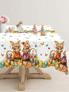1pc Easter Disposable Tablecloth With Vivid Rabbit, Eggs And Wreath Pattern, Plastic Tablecloth For Easter Home Kitchen Dining Table Decor, Spring Theme Party Supplies, Family Gathering, Farmhouse Style, Size 220*130cm - Multicolor - View 7