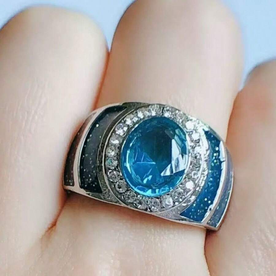 1. Nhẫn nữ bản rộng màu xanh dương cổ điển, khắc tên theo cá nhân. - Màu xanh nhạt - Xem 1