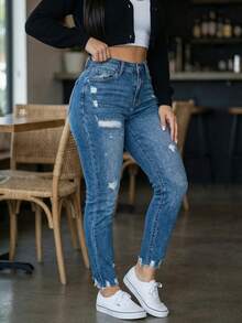 Women's High Waist Distressed Denim Jeans With Raw Hem Retro Casual Outing Pants - 中等水洗藍 - 查看 1