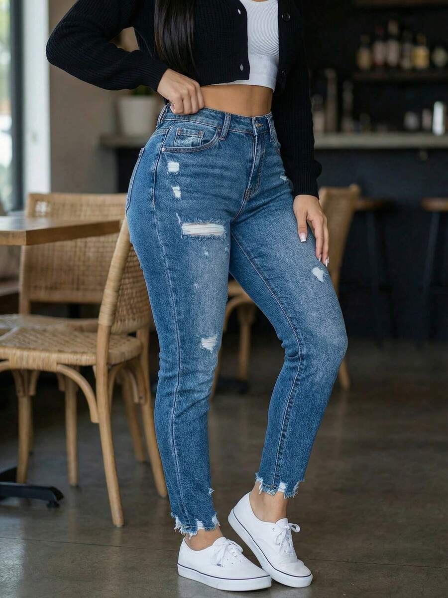 Women's High Waist Distressed Denim Jeans With Raw Hem Retro Casual Outing Pants - 中等水洗藍 - 查看 1