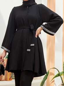 Plus Size Women Regular Length Black Minimalist Button-Up Blouse, With Belt Long Sleeve Arabic Style Top Spring - Black - View 3