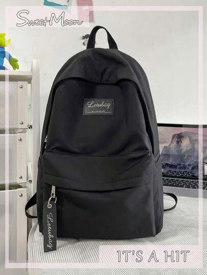 1 pieza Mochila plegable de nailon negro, estilo minimalista con parche de letra, cremallera suave, correa ajustable, gran capacidad, resistente al agua, adecuada para estudiantes de secundaria, versátil para el campus, el transporte, viajes al aire libre, también como regalo de vacaciones, puede contener libros, estuche de lápices, bolsa de cosméticos, caja de maquillaje, adecuada para la familia, regalo, vacaciones