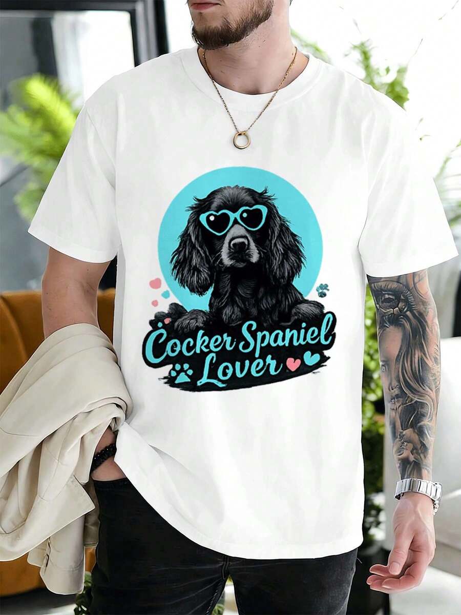 Maglietta carina con occhiali da sole a forma di cuore, amante dei cani Cocker Spaniel, cotone di prima qualità, vestibilità comoda, stile street hip-hop, comoda, stampa grafica unica, nuova uscita - Bianco - Visualizzare 1