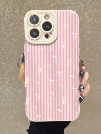 Bow Stripe Painted Anti-Drop Perforated Beige Fashionable Minimalist Anti-Drop Phone Case Compatible With IP 17/IP 17PRO/ Ip16/Ip 15 XR /7/8 /Ip 16 Promax /Ip 13 Case/Caseiphone15Promax/12PROMAX/13PROMAX/14PROMAX 13 14 11 12p14 P11 Soft Shell P12 Anti-Drop XS.XR /78P.78GES2 Compatible Galaxy Redmi 10/9/Note9/12c/Note11pro/Note8Pro/9C/9a/ Anti-Drop Phone Protective Cover
