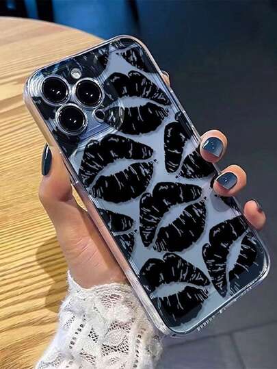 1pc Transparent Perforated Space Case, Colorful Black Lip Print Shockproof Phone Case Compatible With Iphone 17 Pro Max/16 Pro Max/15 Pro Max/13/15/16/17 Pro