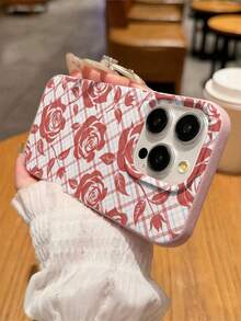 1个玫瑰花条纹格子图案荔枝纹理防震TPU手机壳，适合作为男女皆宜的节日礼物，兼容苹果XS/XS Max/XR/11/12/13/14/15/16/17 Pro/Pro Max/14/15/16/17 Plus - 彩色 - 查看 2