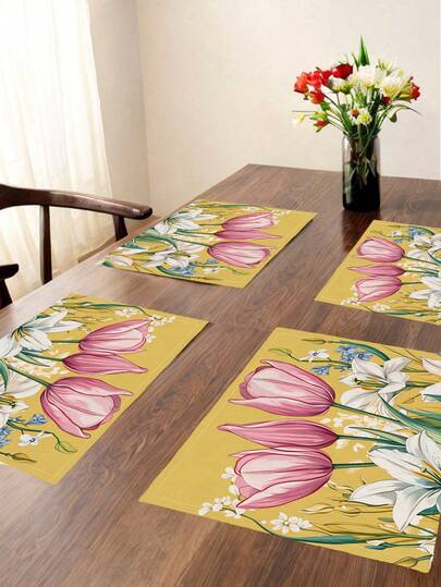 4 Pcs Spring Summer Placemats Watercolor Pink Tulip Blue Orange Floral Place Mat Farmhouse Home Kitchen Tablecloths