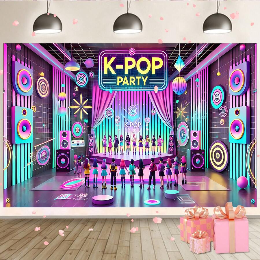 Pancarta de fondo para fiesta de cumpleaños con temática de K-Pop y escena de fiesta de chica cool en un gran escenario. Ideal para decoración temática de pared, celebraciones de festivales de música electrónica, decoración de habitaciones y accesorios de exhibición. - Multicolor - Ver 1