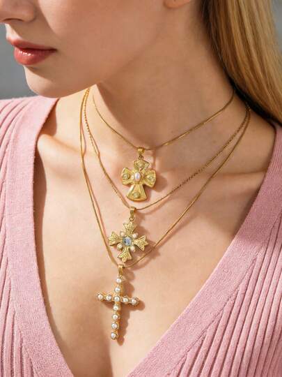 Mazuer 1pc Chic Vintage Faux Pearl Cross Flower Pendant Necklace, 18K Gold Plated Stainless Steel Jewelry, Layered Wear For Women, Suitable For Daily, Work, Party, Holiday
