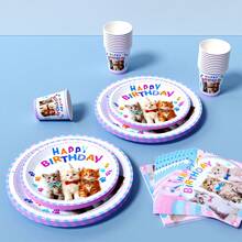 49/25/8pcs Assiettes, serviettes et gobelets jetables mignons avec motif chat pour anniversaire, ensemble de fournitures de fête jetables, convient pour 8 invités, assiettes en papier jetables, vaisselle de table de fête convenant pour anniversaire, mariage, fête à thème, pique-nique familial - Multicolore - Voir 5