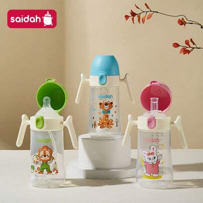 SAIDAH Biberón con forma de concha de 10 onzas con pajita de silicona, anti-derrame y anti-fugas, taza de entrenamiento para niños con asa y bola con peso, incluye tetina y pajita adicionales
